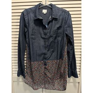 9-Hi5 Denim/Floral Chiffon Long Sleeve Button‎ Blouse Size 4 High Low Pockets